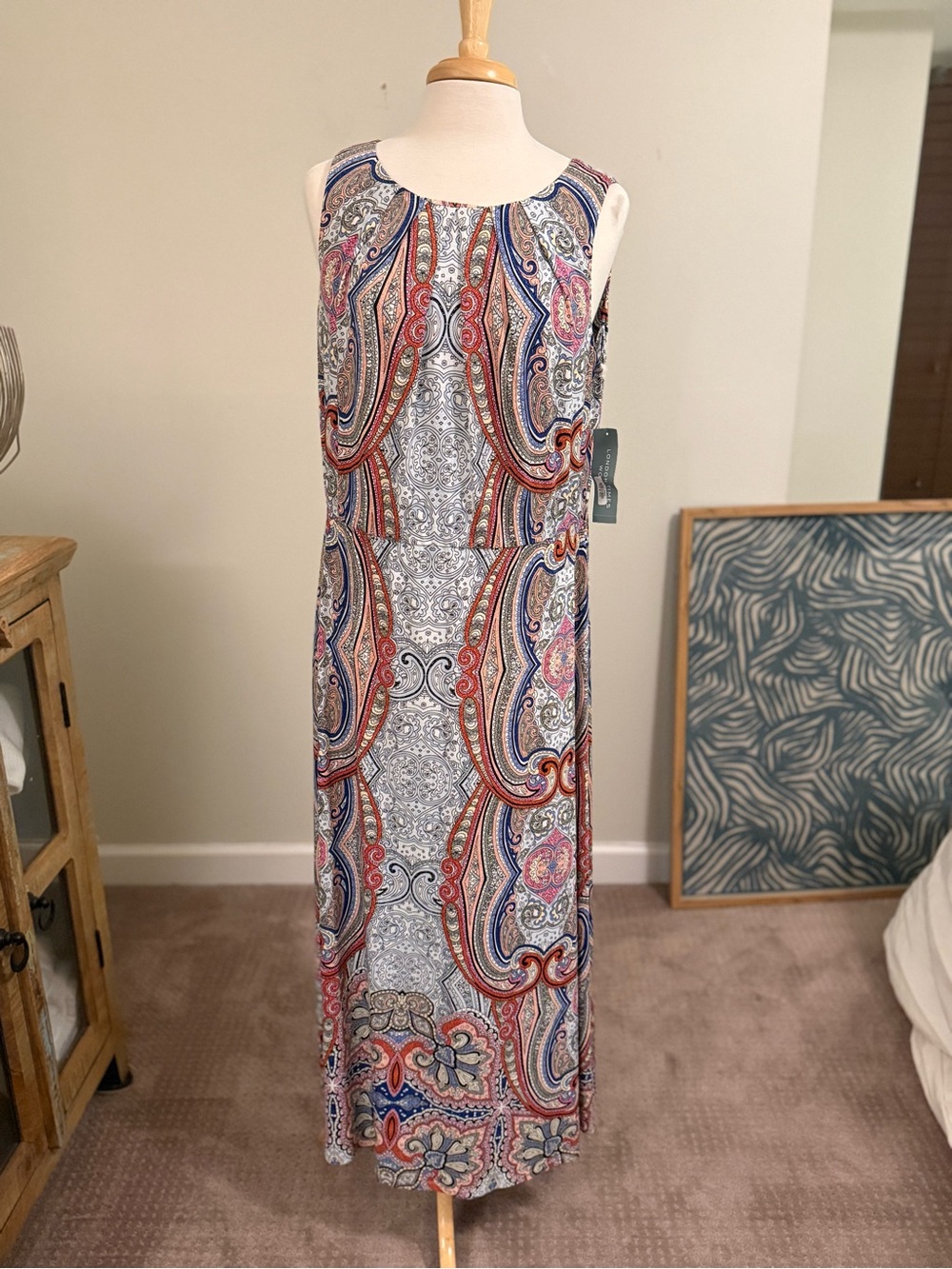 London Times Sleeveless Paisley Maxi Dress in Red, Blue, Pink